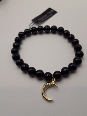 Madison Tyler Black Beaded Bracelet Crescent Moon Gold Charm Celestial Stretch